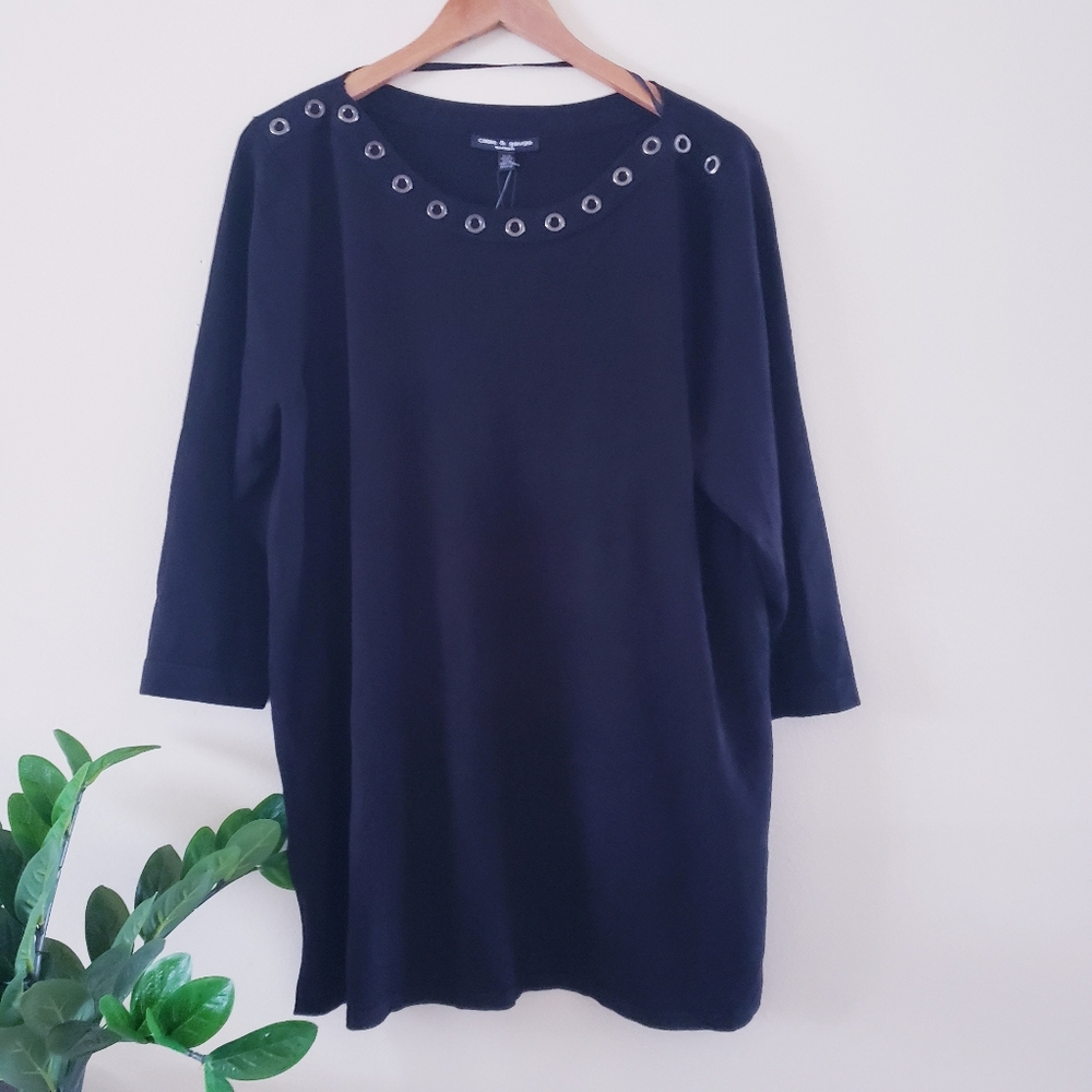 Cable & Gauge BNWT Light Knit Tunic 3/4 Sleeve With Metal Loops - Black 1X